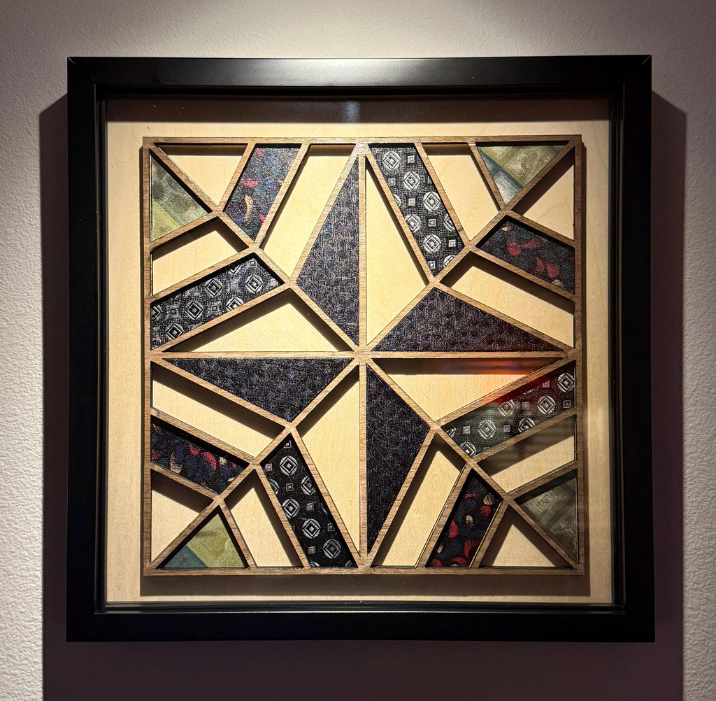 Laser Cut Quilt Block Wall Art | Framed Wood & Fabric Quilt-Inspired Decor | Handmade One of a Kind Home Art | Silk Necktie | One of One