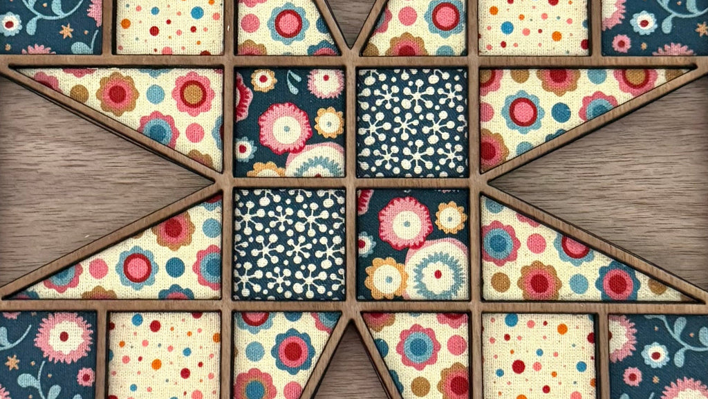 Geometric Quilt Block Wood Wall & Shelf Art | Modern Fabric & Wood Framed Artwork | One of One