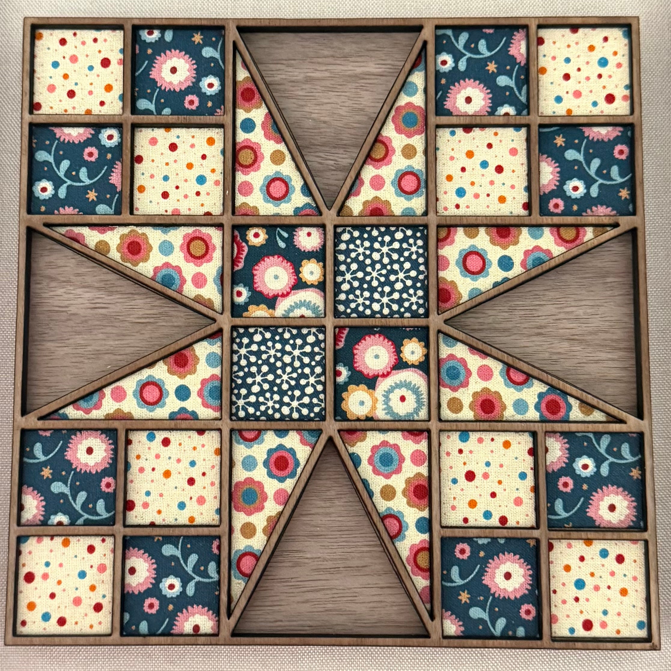Geometric Quilt Block Wood Wall & Shelf Art | Modern Fabric & Wood Framed Artwork | One of One