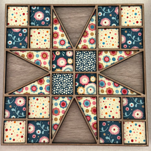 Geometric Quilt Block Wood Wall & Shelf Art | Modern Fabric & Wood Framed Artwork | One of One