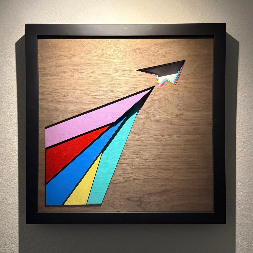 Geometric Paper Airplane Wood Wall Art | Modern Colorful Layers on Walnut Panels