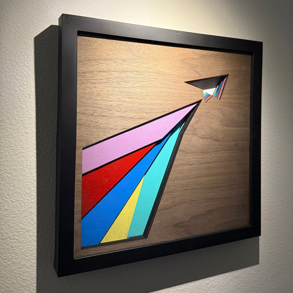 Geometric Paper Airplane Wood Wall Art | Modern Colorful Layers on Walnut Panels