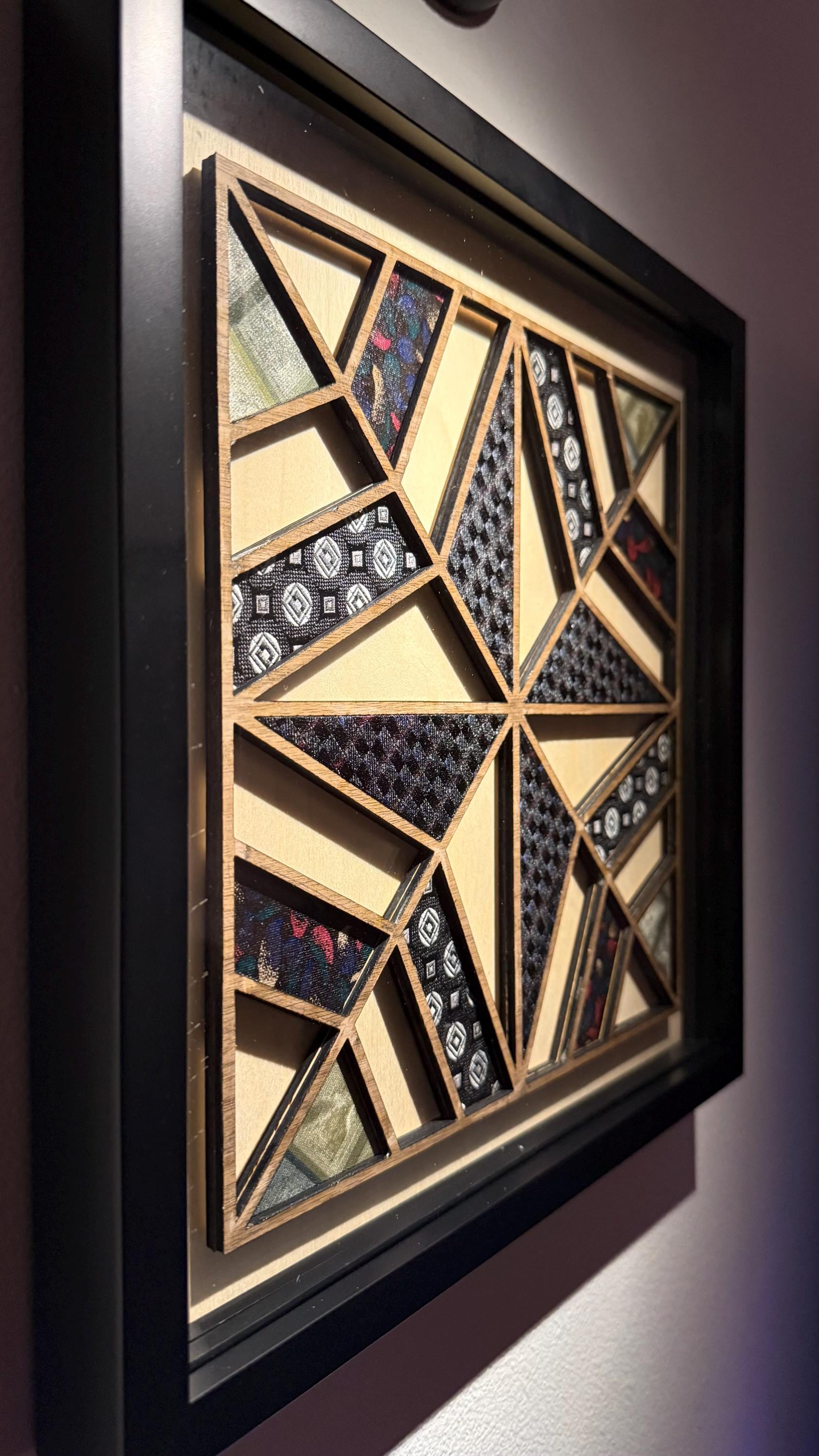 Laser Cut Quilt Block Wall Art | Framed Wood & Fabric Quilt-Inspired Decor | Handmade One of a Kind Home Art | Silk Necktie | One of One